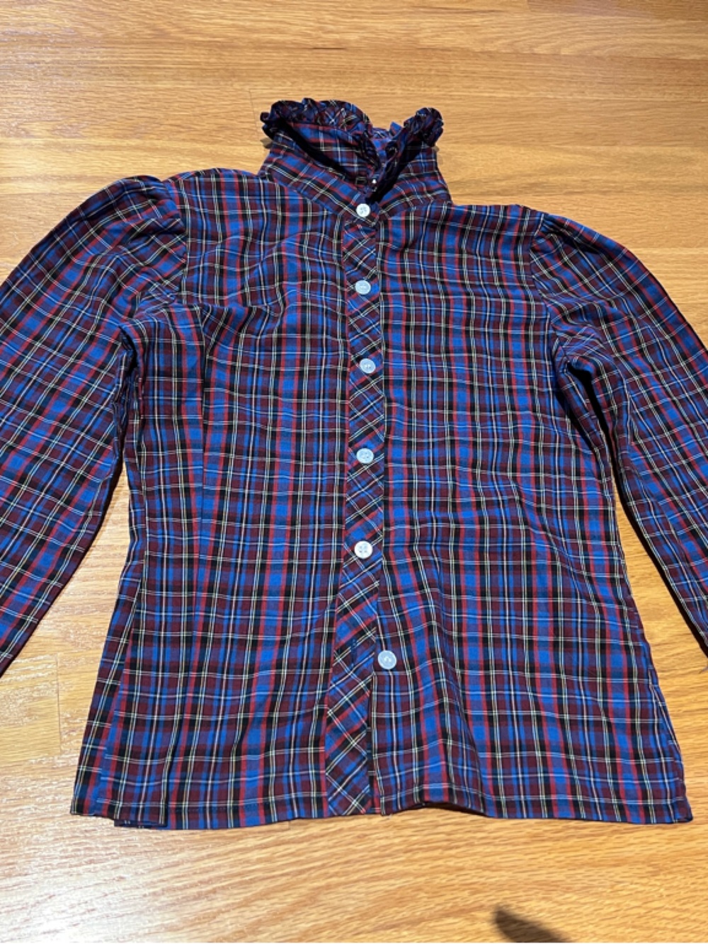 Vintage Sears Girls' Navy & Red Plaid Button-Up Top with Ruffle Collar size 8